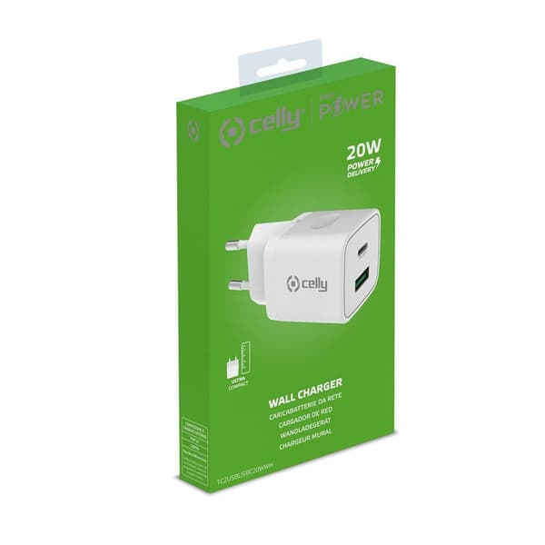 Celly Laturi USB-A/USB-C 20W Valkoinen