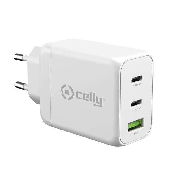 Celly Laturi TC3GAN65W 2xUSB-C/USB-A GaN 65W Valkoinen Valkoinen