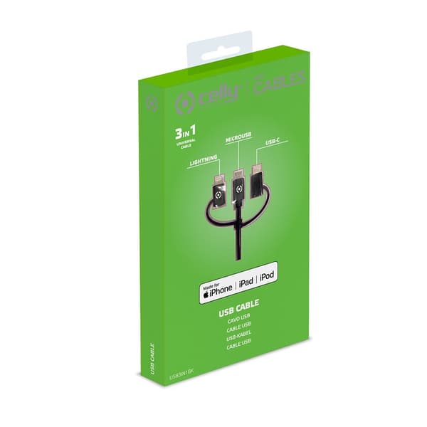 Celly Kaapeli 3in1 Micro-USB/USB-C/Lightning 1m Musta