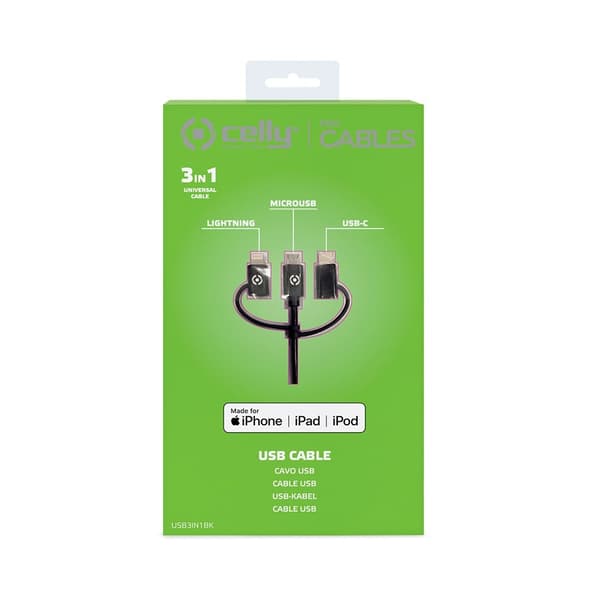 Celly Kaapeli 3in1 Micro-USB/USB-C/Lightning 1m Musta