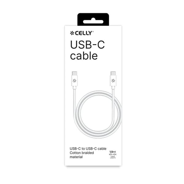 Celly Kaapeli Cotton Braided USB-C/USB-C 1.5m Valkoinen