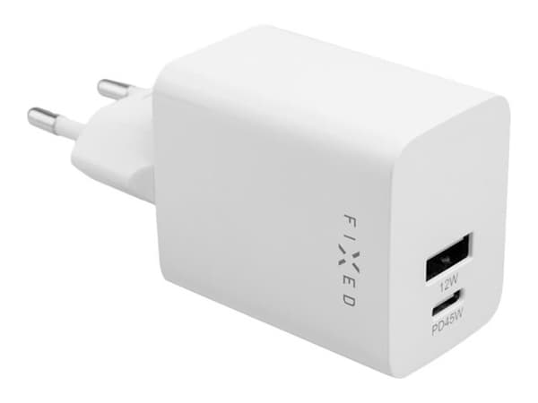 FIXED Mini - Strömadapter - resa - 45 Watt - PD 3.0, SFC - 2 utdatakontakter (24-pins USB-C (45 watt), USB) - vit