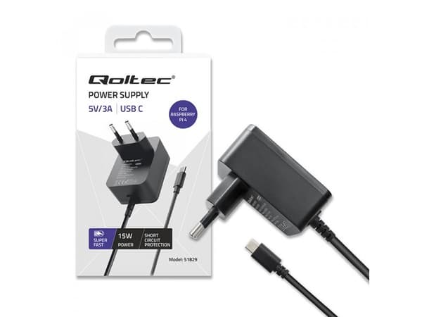 Qoltec - Strømadapter - super fast PD, 5V, 3A - 15 watt - 3 A - PD (24 pin USB-C) - svart