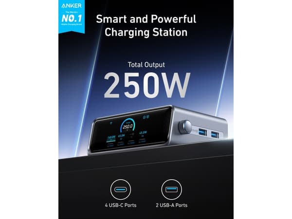 Anker Prime - Strømadapter - GaNPrime - 250 watt - 5 A - 6 utgangskontakter (4 x USB-C, 2 x USB)