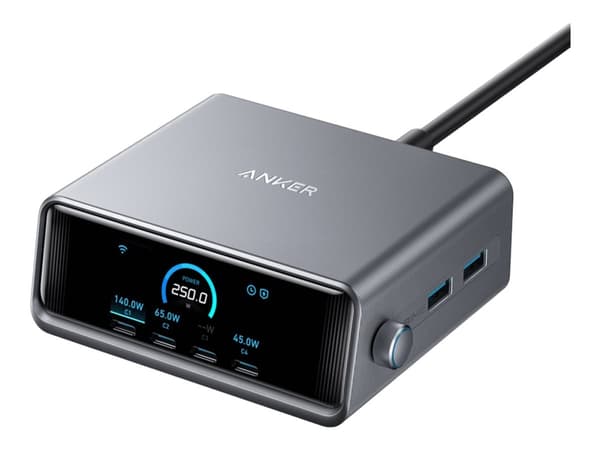 Anker Prime - Strømadapter - GaNPrime - 250 watt - 5 A - 6 utgangskontakter (4 x USB-C, 2 x USB) Sort