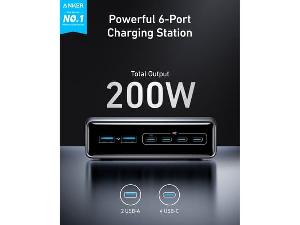 Anker Prime - Strömadapter - GaN - 200 Watt - 5 A - 6 utdatakontakter (4 x USB-C, 2 x USB)