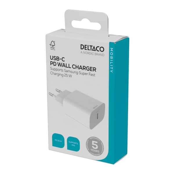 USB-C vægoplader med PD 20 W og PPS 25 W, Samsung Super Fast Charging, hvid
