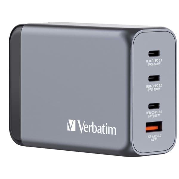 Verbatim GNC-240 GaN-laddare 4 portar 240 W USB-A/USB-C Svart, Grå