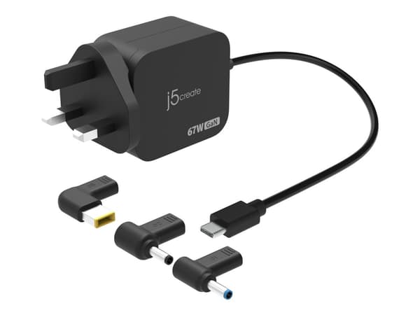 j5create JUP1565DCF3A-FN - Strømadapter - GaN, med 3 typer DC-kontakter - 67 watt - 3.3 A - PD 2.0, PD 3.0 (24 pin USB-C) - svart - Storbritannia