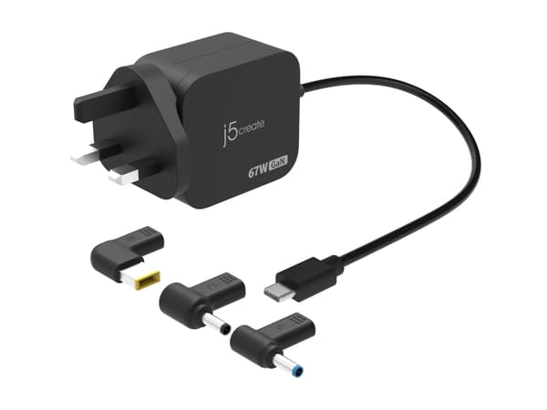 j5create JUP1565DCF3A-FN - Strømadapter - GaN, med 3 typer DC-kontakter - 67 watt - 3.3 A - PD 2.0, PD 3.0 (24 pin USB-C) - svart - Storbritannia