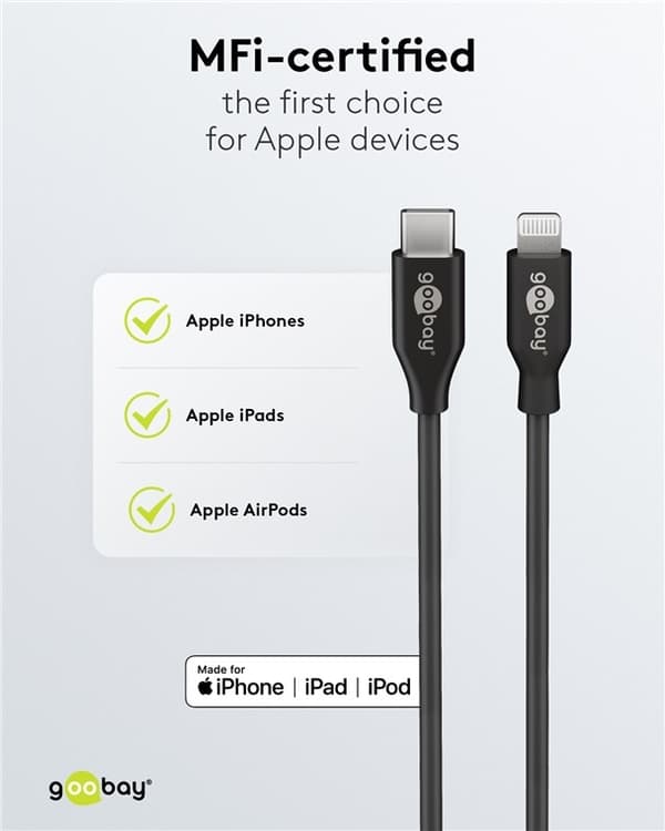 Goobay Lightning til USB-C™ lade- og synkroniseringskabel, 1 m, svart MFi-kabel for Apple iPhone/iPad