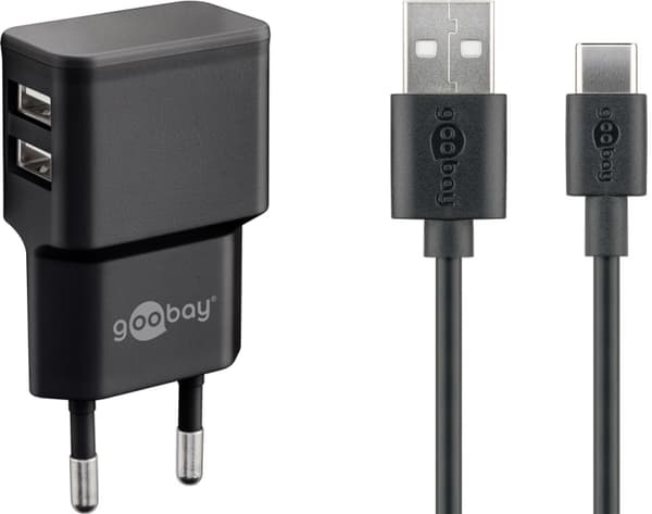Goobay USB-C™ Dual Charging Kit (12 W) Strømforsyning med 2x USB-kontakter og USB Type-C™ 1 m kabel (svart) Sort