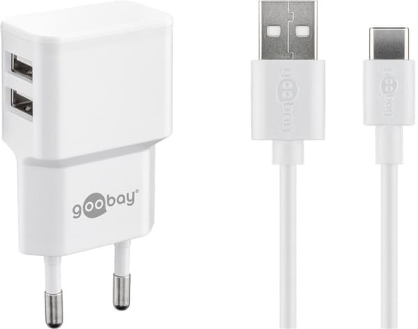 Goobay USB-C™ Dual laddningssats (12 W) Strömförsörjning med 2x USB-uttag och USB Type-C™ 1 m kabel (vit) Hvid