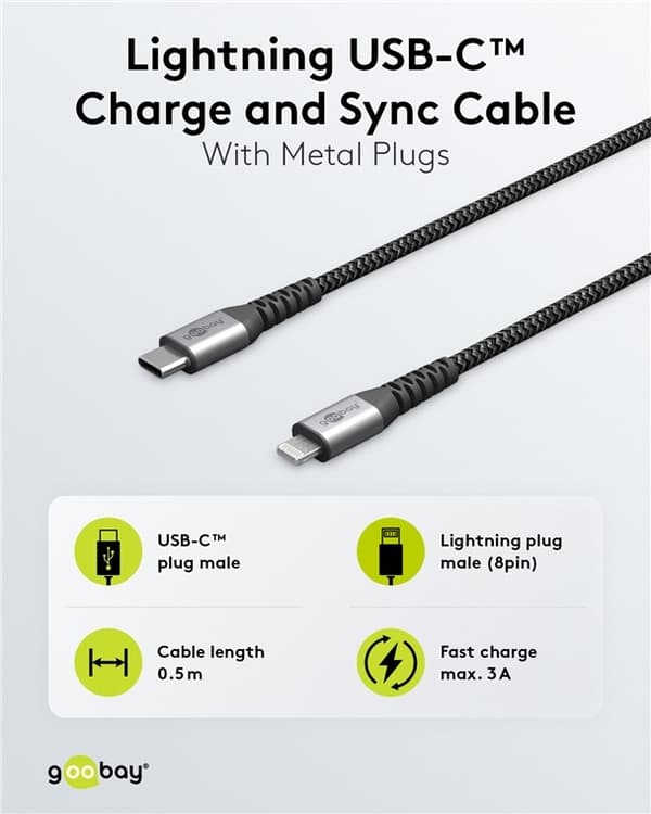 Goobay Lightning-USB-C™ textilkabel med metallkontakter, 1 m MFi-certifierad, elegant och extra robust laddnings- och synkroniseringskabel för Apple i