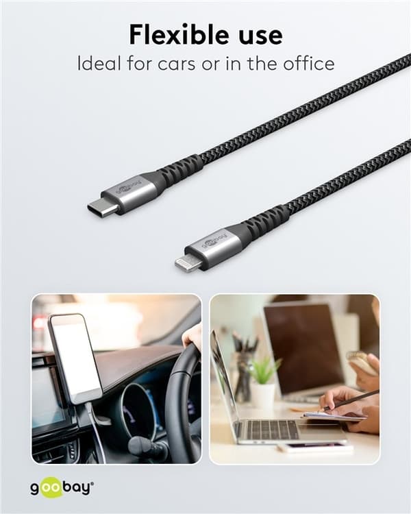 Goobay Lightning-USB-C™ textilkabel med metallkontakter, 1 m MFi-certifierad, elegant och extra robust laddnings- och synkroniseringskabel för Apple i