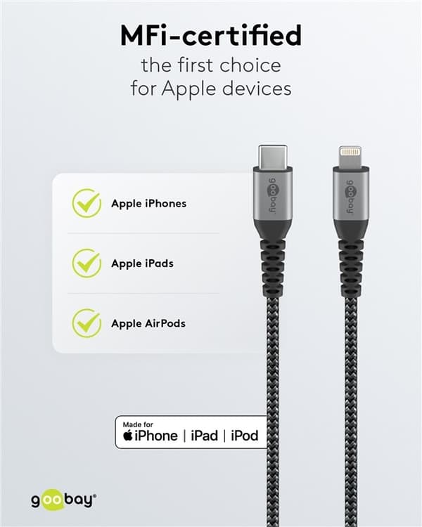 Goobay Lightning-USB-C™ textilkabel med metallkontakter, 1 m MFi-certifierad, elegant och extra robust laddnings- och synkroniseringskabel för Apple i