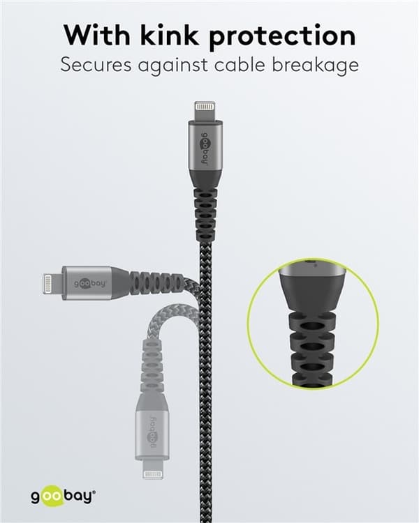 Goobay Lightning-USB-C™ textilkabel med metallkontakter, 2 m MFi-certifierad, elegant och extra robust laddnings- och synkroniseringskabel för Apple i