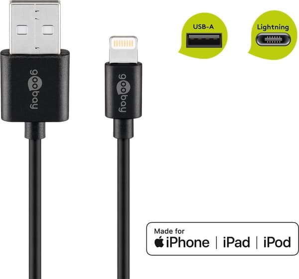 Goobay Lightning USB-kabel for lading og synkronisering, 1 m, svart MFi-kabel for Apple iPhone/iPad