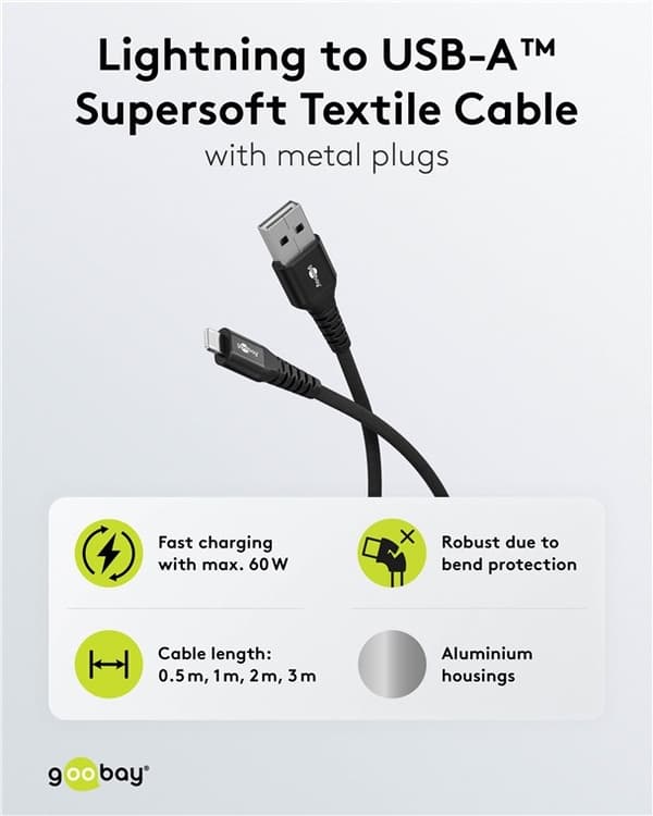 Goobay Lightning-USB-A supersoft textilkabel med metallkontakter, 3 m, svart MFi-certifierad, elegant och extra robust laddnings- och synkroniseringsk