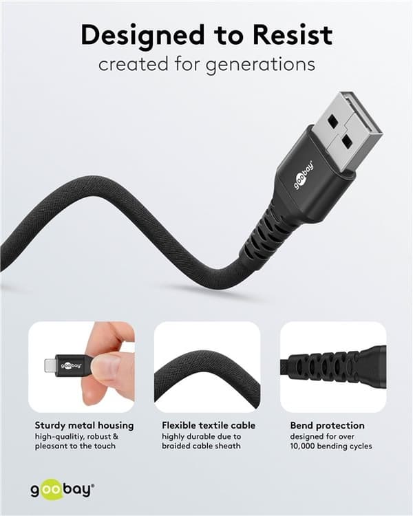 Goobay Lightning-USB-A supersoft textilkabel med metallkontakter, 3 m, svart MFi-certifierad, elegant och extra robust laddnings- och synkroniseringsk
