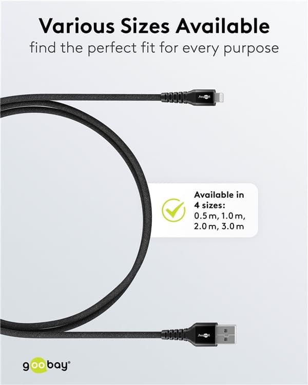 Goobay Lightning-USB-A supersoft textilkabel med metallkontakter, 3 m, svart MFi-certifierad, elegant och extra robust laddnings- och synkroniseringsk
