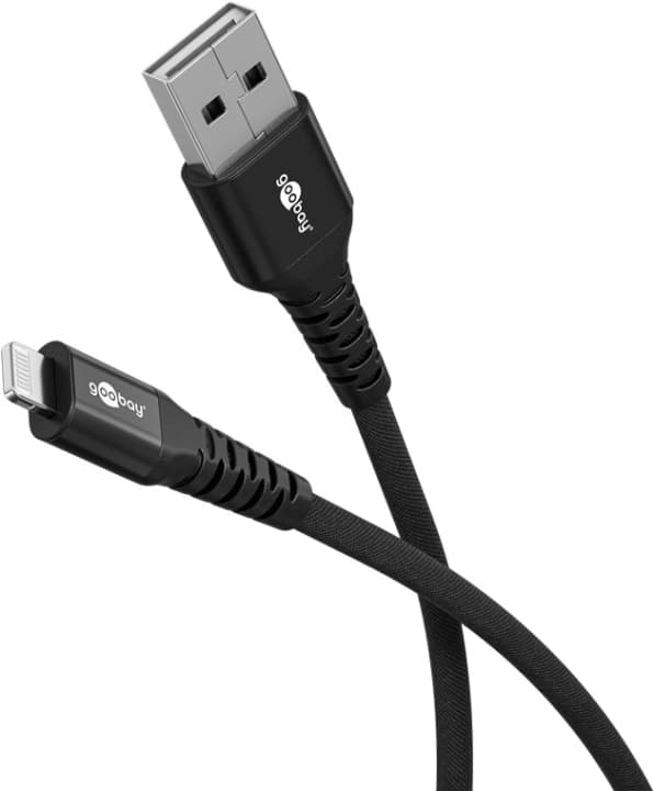 Goobay Lightning-USB-A supersoft textilkabel med metallkontakter, 3 m, svart MFi-certifierad, elegant och extra robust laddnings- och synkroniseringsk
