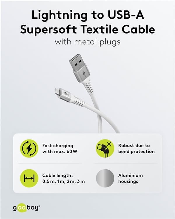 Goobay Lightning-USB-A supersoft textilkabel med metallkontakter, 3 m, vit MFi-certifierad, elegant och extra robust laddnings- och synkroniseringskab