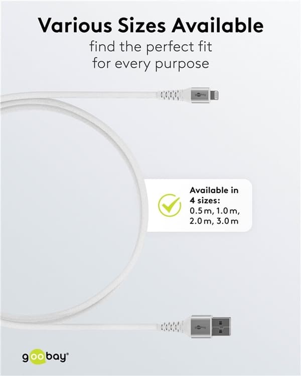 Goobay Lightning-USB-A supersoft textilkabel med metallkontakter, 3 m, vit MFi-certifierad, elegant och extra robust laddnings- och synkroniseringskab