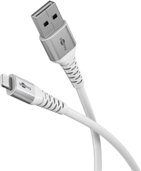 Goobay Lightning-USB-A supersoft textilkabel med metallkontakter, 3 m, vit MFi-certifierad, elegant och extra robust laddnings- och synkroniseringskab