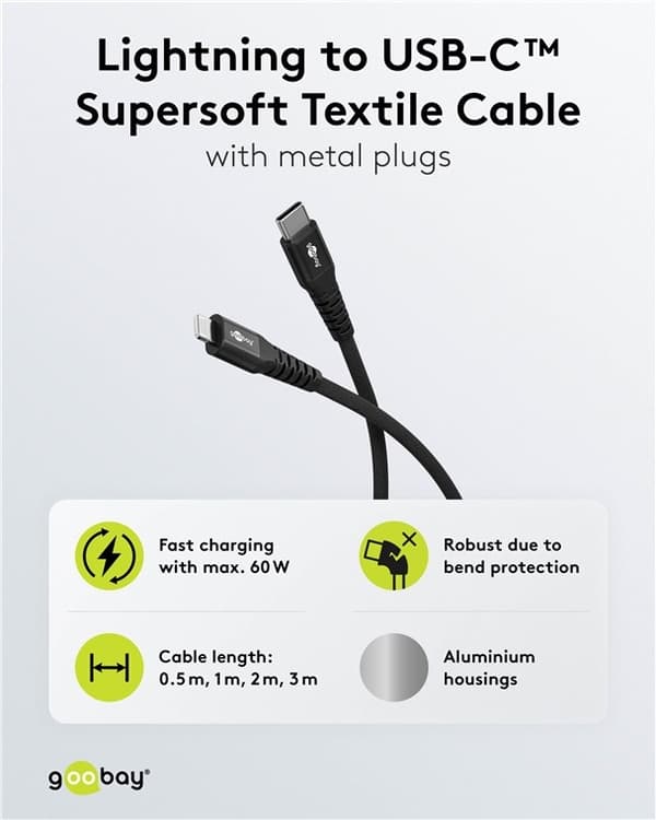 Goobay Lightning-USB-C™ supersoft textilkabel med metallkontakter, 1 m, svart MFi-certifierad, elegant och extra robust laddnings- och synkroniserings