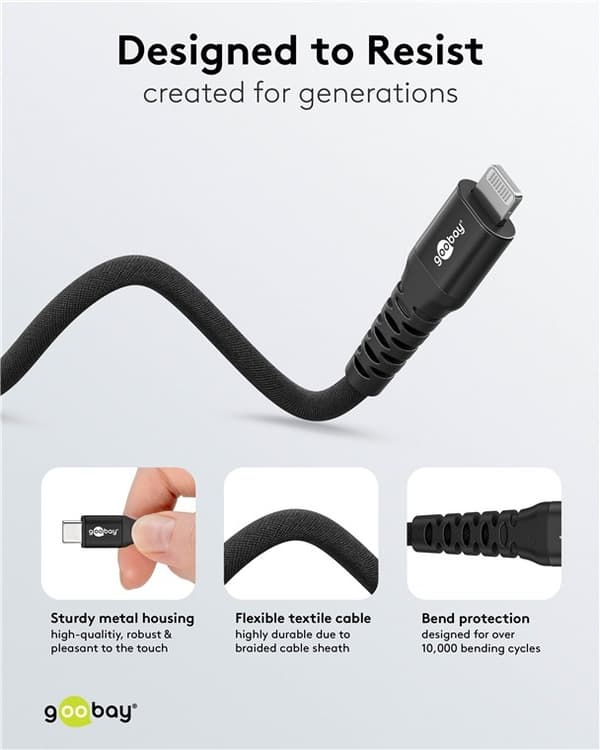 Goobay Lightning-USB-C™ supersoft textilkabel med metallkontakter, 1 m, svart MFi-certifierad, elegant och extra robust laddnings- och synkroniserings
