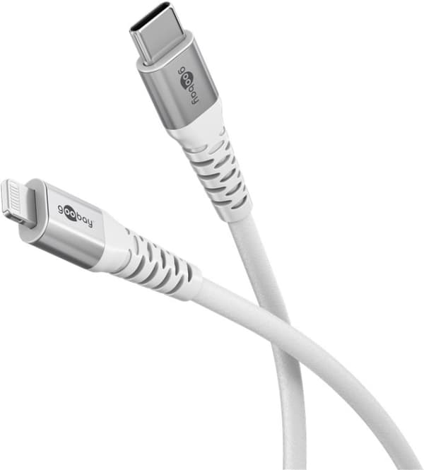 Goobay Lightning-USB-C™ supermyk tekstilkabel med metallkontakter, 1 m, hvit MFi-sertifisert, elegant og ekstra robust lade- og synkroniseringskabel f