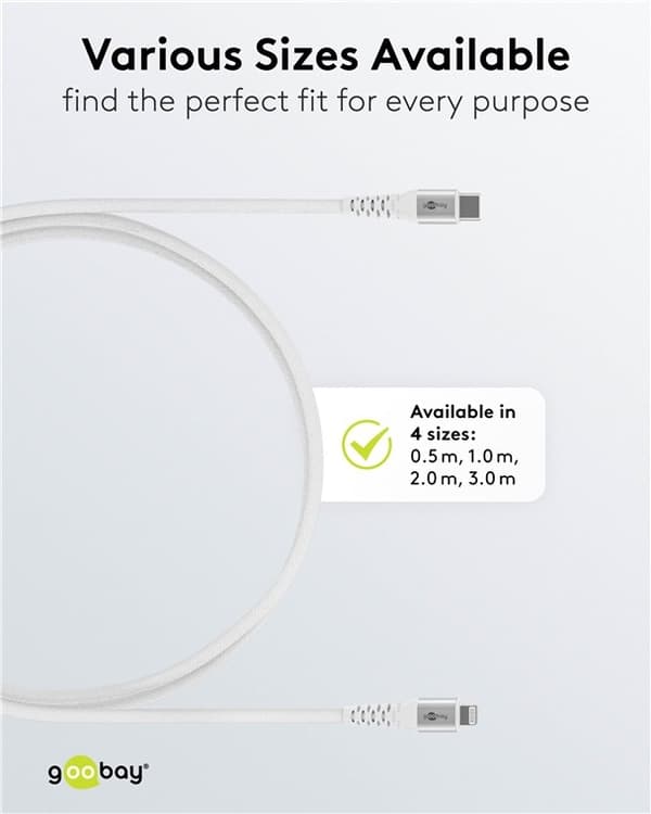 Goobay Lightning-USB-C™ supermyk tekstilkabel med metallkontakter, 3 m, hvit MFi-sertifisert, elegant og ekstra robust lade- og synkroniseringskabel f