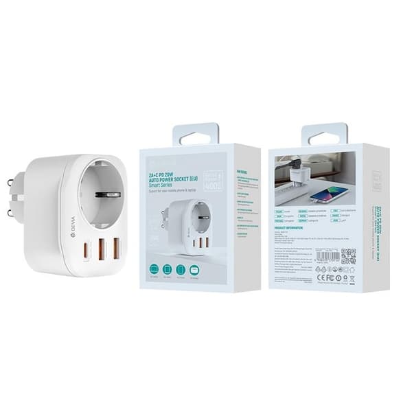 Devia Snabbladdare 2x USB Till USB-C 20W PD Power Socket Vit