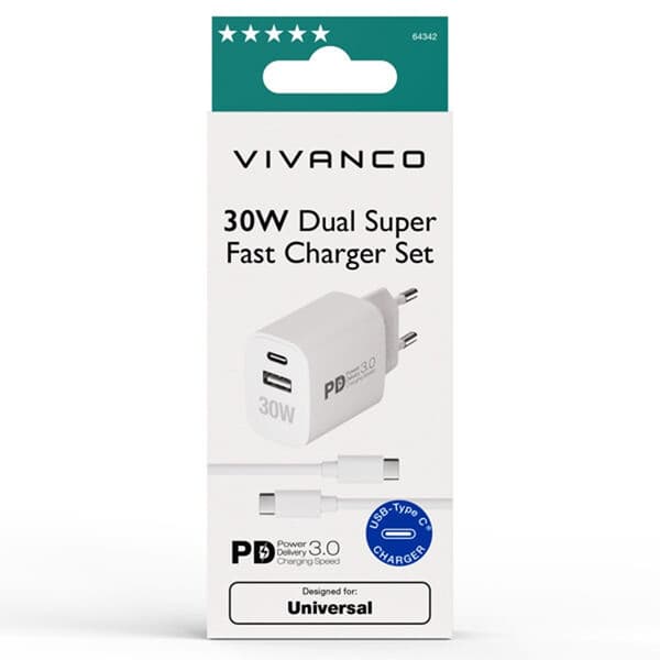 Vivanco Oplader med Kabel 30W Dual Super Fast PD Charger Set