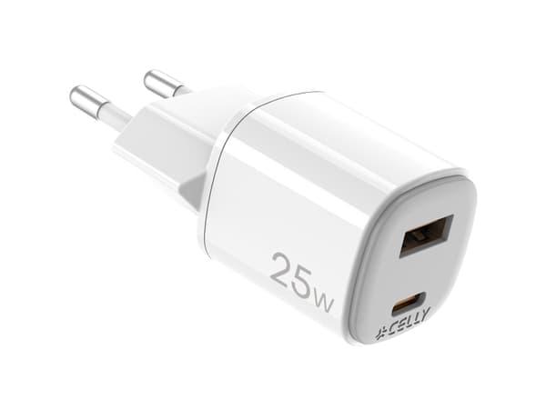 USB-laddare GaN 1 x USB-A + 1 x USB-C PD 25W Valkoinen