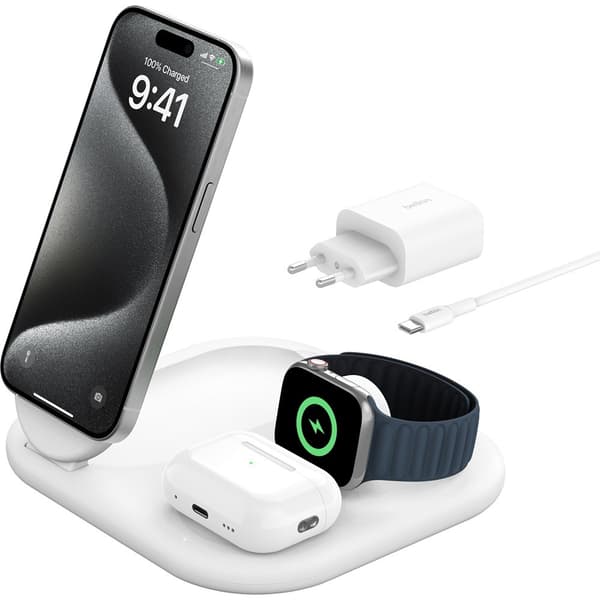 Belkin Langaton laturi BoostCharge 3-in-1 Foldable MagSafe Qi2 15W Valkoinen