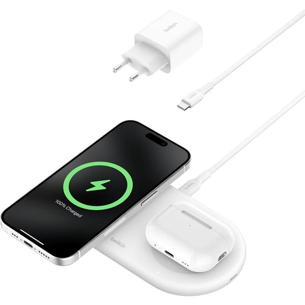 Belkin Langaton laturi BoostCharge Pro 2-in-1 MagSafe Qi2 15W Valkoinen