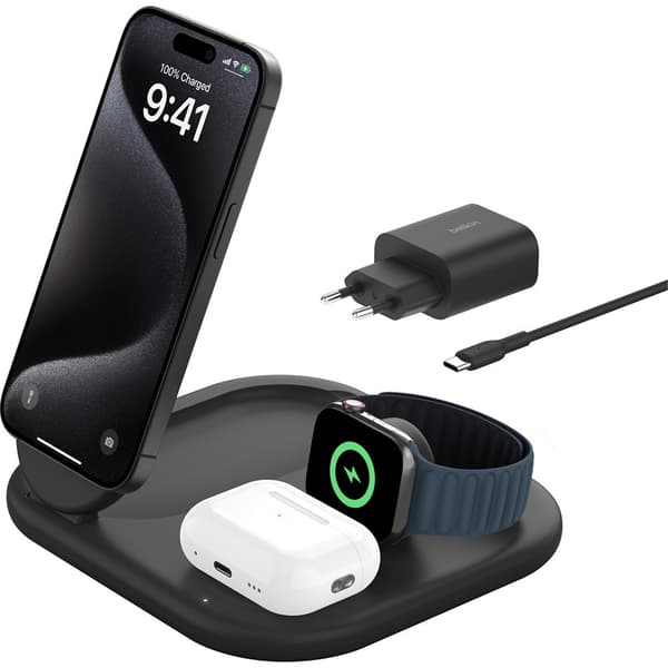 Belkin Langaton laturi BoostCharge 3-in-1 Foldable MagSafe Qi2 15W Musta