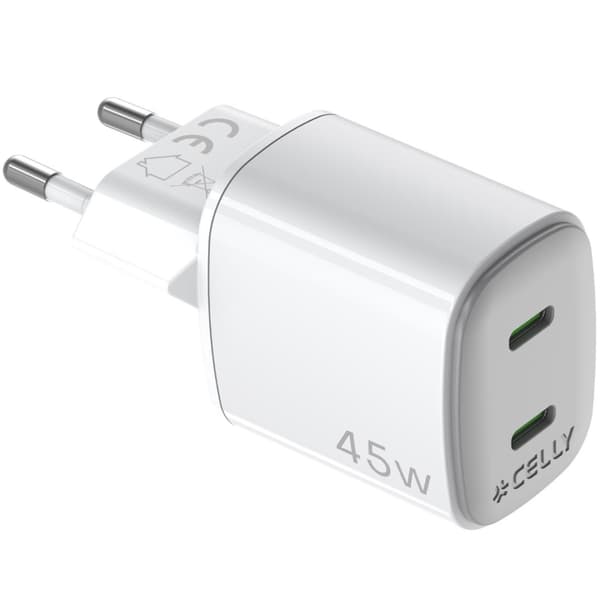Celly USB-laddare GaN 2 x USB-C PD 45W Hvid