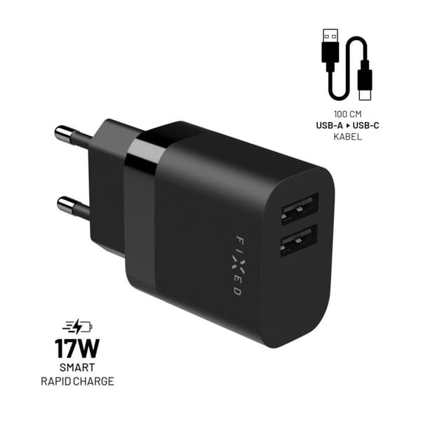 Fixed Laturi USB-C kaapelilla 1m 2xUSB-A 17W Musta