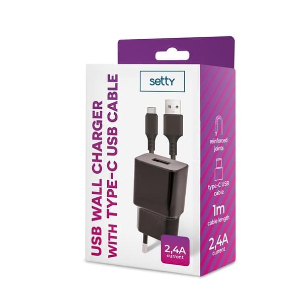 Setty Väggladdare USB 2.4A med USB-C 1m Kabel NEW - Svart