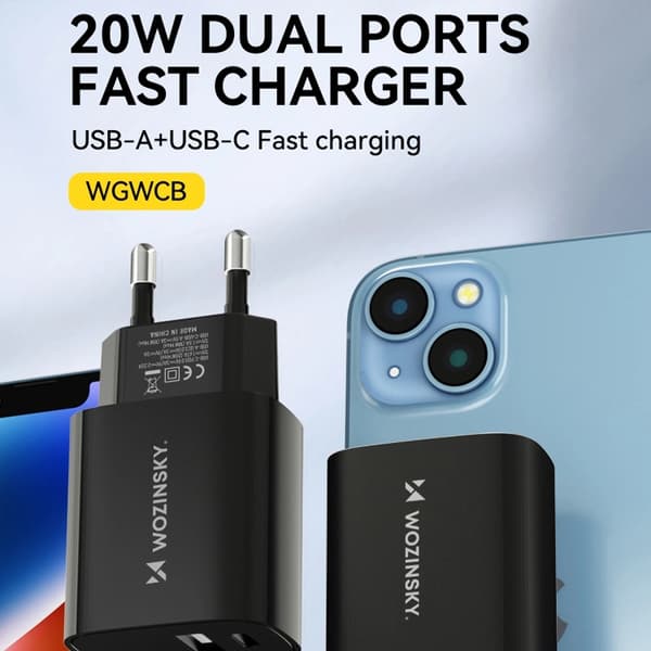 Wozinsky USB-A USB-C 20W Väggladdare - Svart
