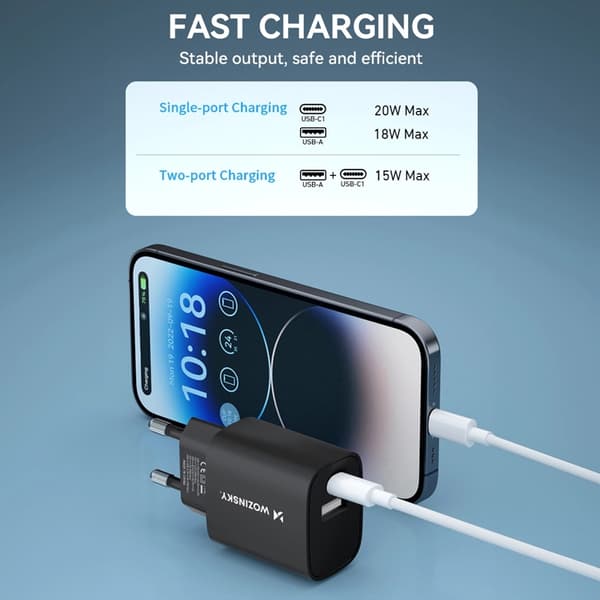 Wozinsky USB-A USB-C 20W Väggladdare - Svart
