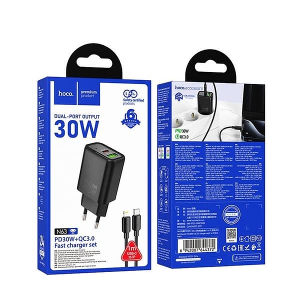 HOCO Snabbladdare USB/USB-C 30W USB-C/Lightning Kabel N63 PD QC