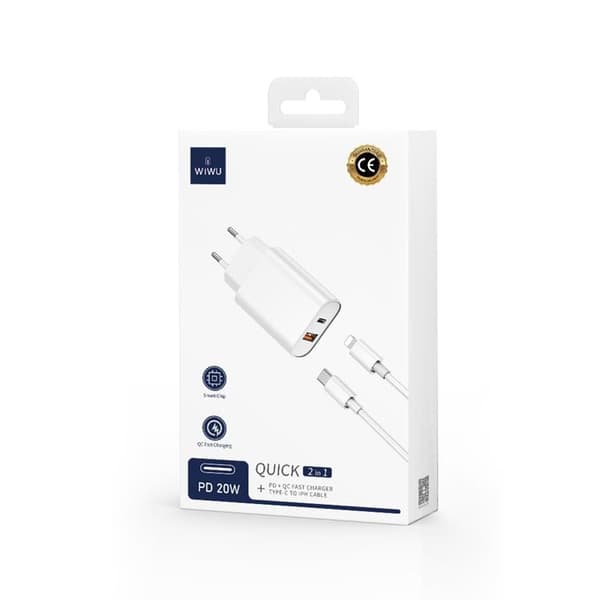 WIWU Snabbladdare USB/USB-C 20W USB-C/Lightning Kabel PD QC