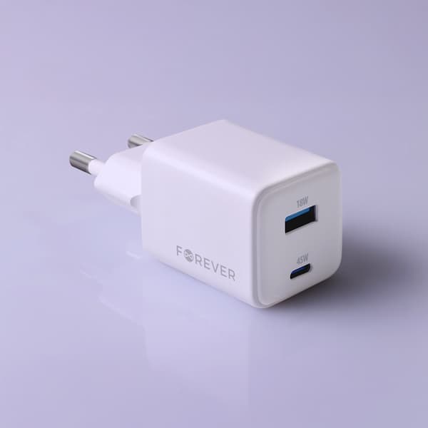 Forever Snabbladdare USB-A - USB-C 45W GaN PD QC - Vit