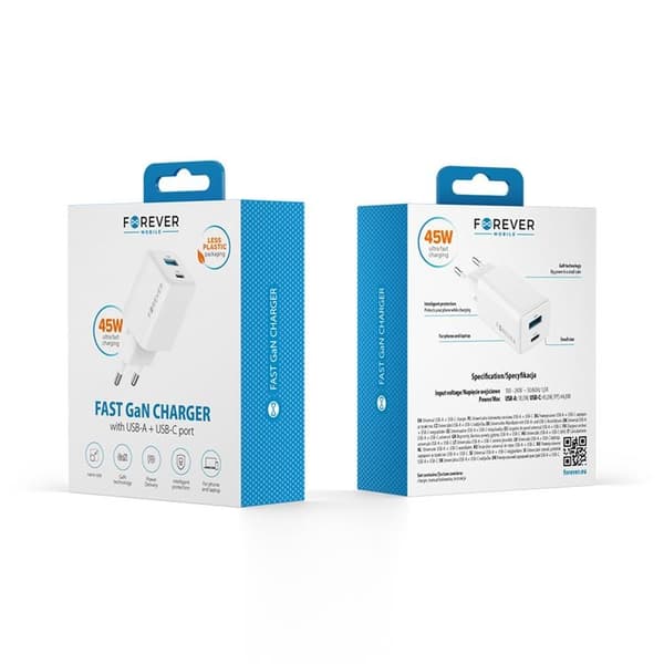 Forever Snabbladdare USB-A - USB-C 45W GaN PD QC - Vit
