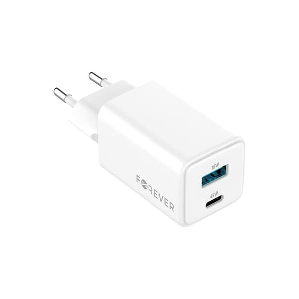 Forever Snabbladdare USB-A - USB-C 45W GaN PD QC - Vit