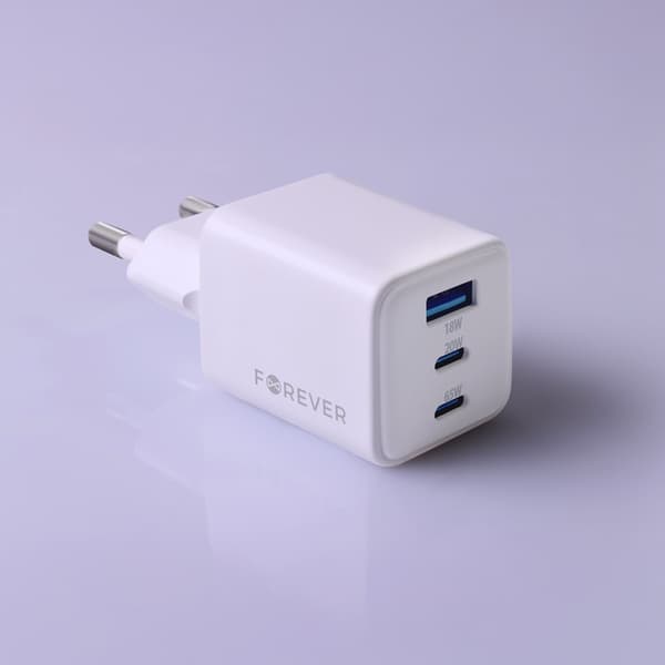 Forever Snabbladdare USB-A - 2x USB-C 65W GaN PD QC - Vit